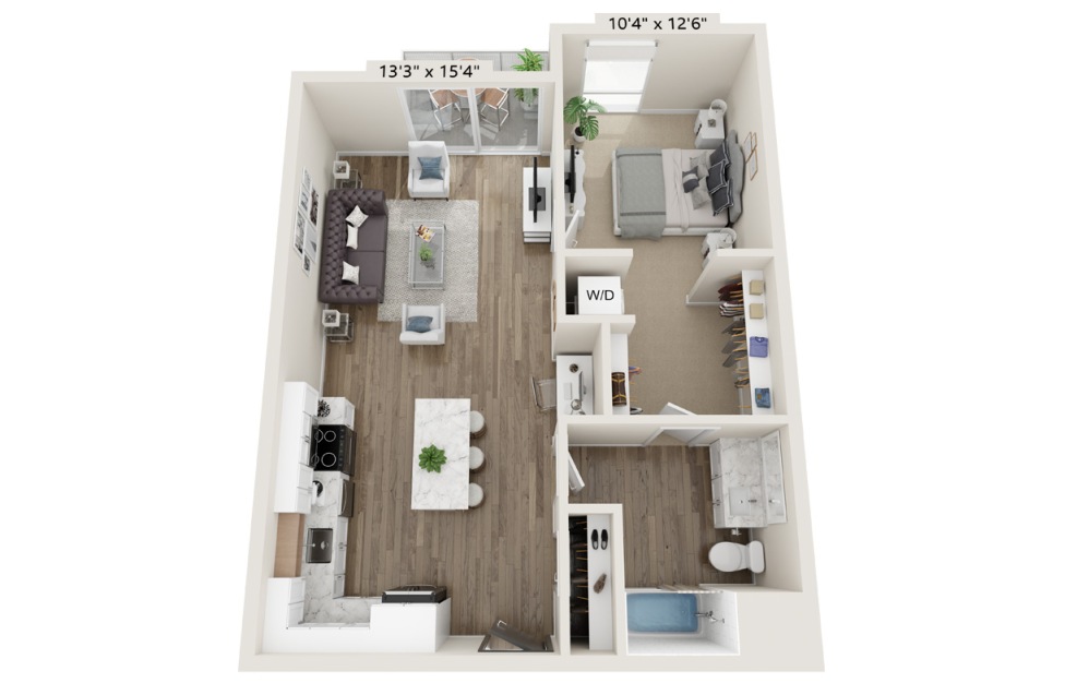 A-3 - 1 bedroom floorplan layout with 1 bathroom and 744 - 801 square feet