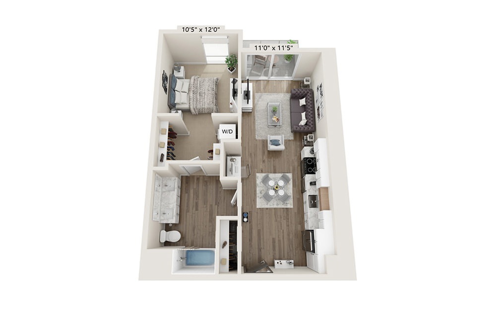 A-7 - 1 bedroom floorplan layout with 1 bath and 735 to 736 square feet.