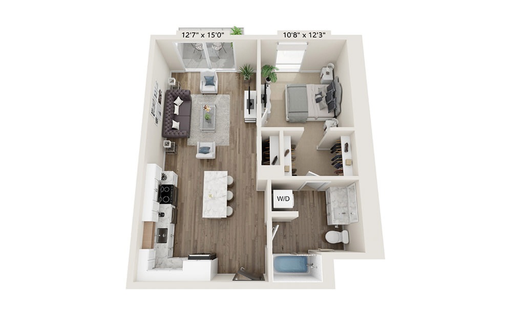 A-8 - 1 bedroom floorplan layout with 1 bath and 735 square feet.