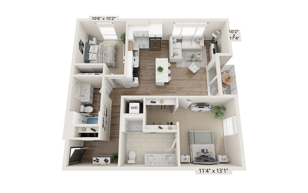 B-1 - 2 bedroom floorplan layout with 2 baths and 1112 square feet.