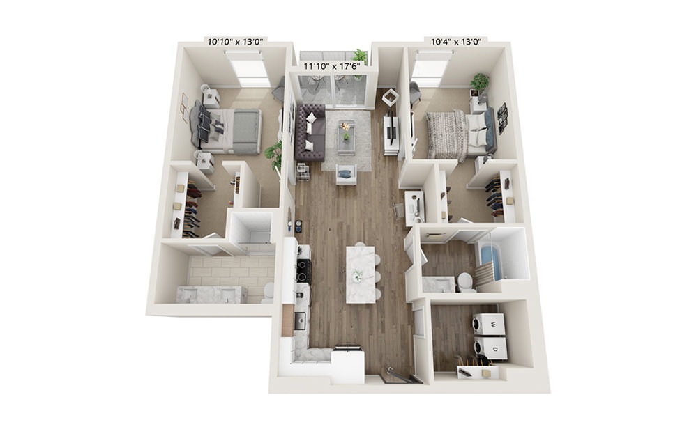 B-2 - 2 bedroom floorplan layout with 2 baths and 1144 square feet.