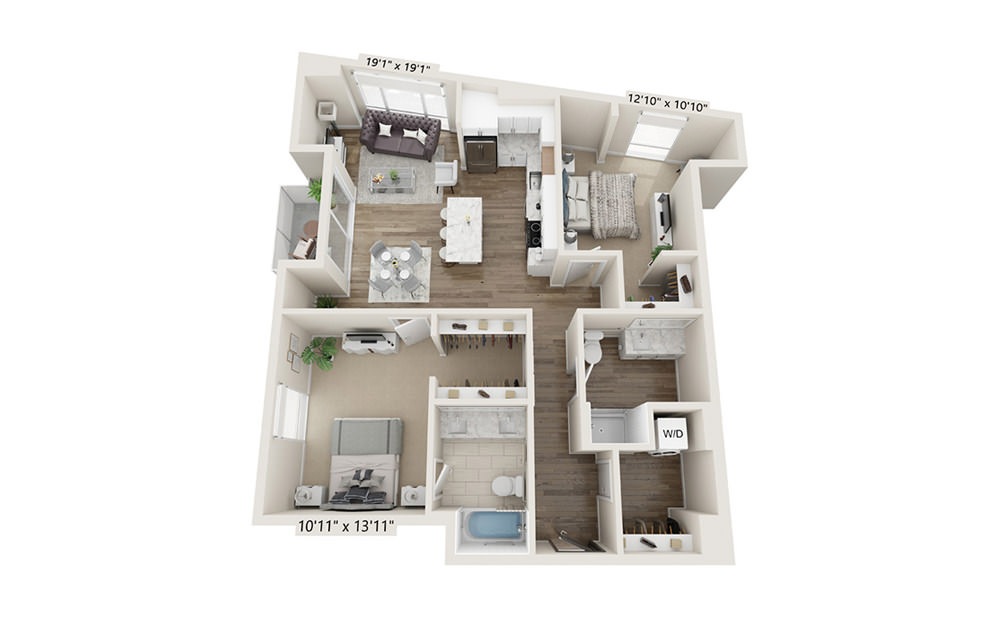 B-3 - 2 bedroom floorplan layout with 2 baths and 1156 square feet.
