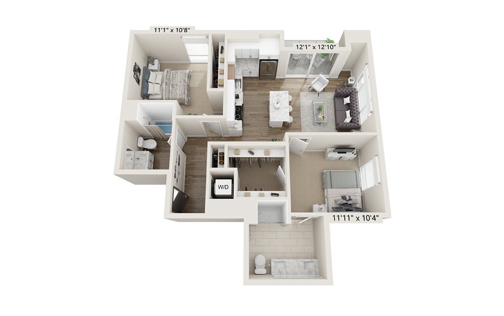 B-6 - 2 bedroom floorplan layout with 2 baths and 1001 to 1029 square feet.