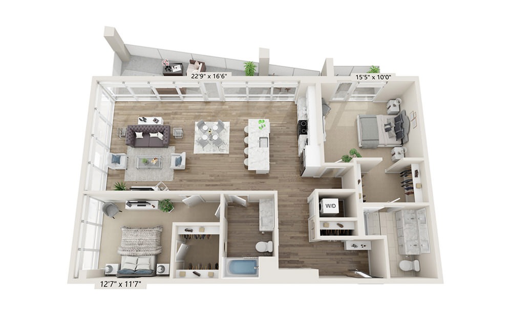 B-7 - 2 bedroom floorplan layout with 2 baths and 1436 square feet.