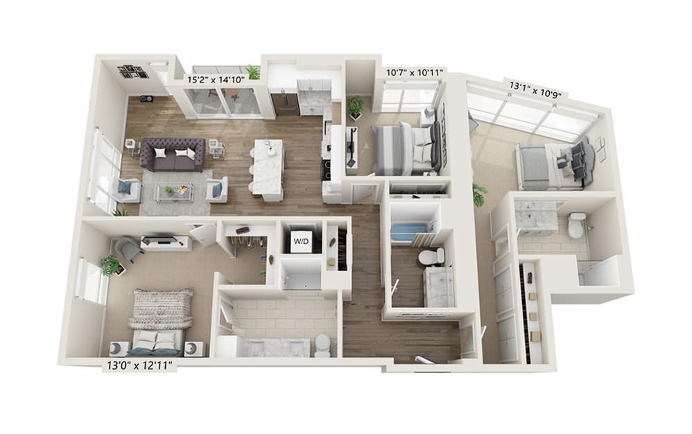 C-1 - 3 bedroom floorplan layout with 3 baths and 1525 square feet.